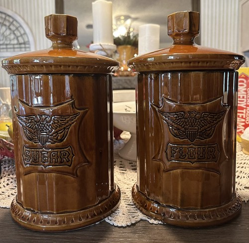 Vintage 1970’s Patriotic Brown Eagle Ceramic Sugar And Flour Canstiers