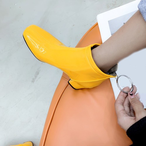 Womens Square Toe Ankle Boots Chunky Block Heels Patent Leather Party Shoes New - Picture 6 of 100