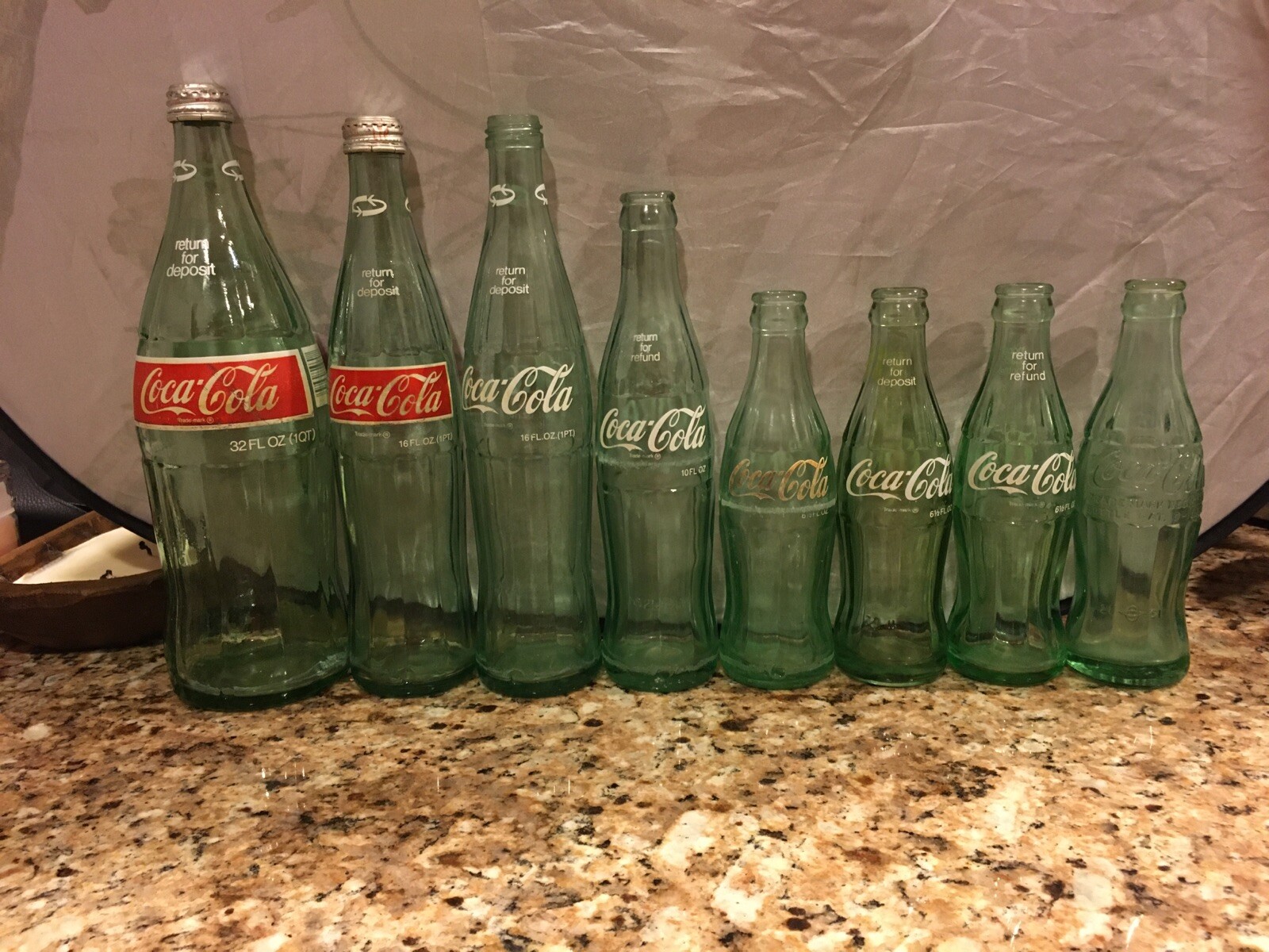 Vintage Old Glass Coke Bottle Lot 8 Bottles 32oz 16oz 10oz 6oz 6.5 oz Sizes