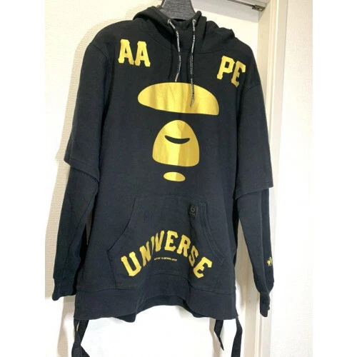 A BATHING APE (BAPE) Felpa con cappuccio AAPE BY A BATHING APE Big Face nera oro mimetica taglia L M1321