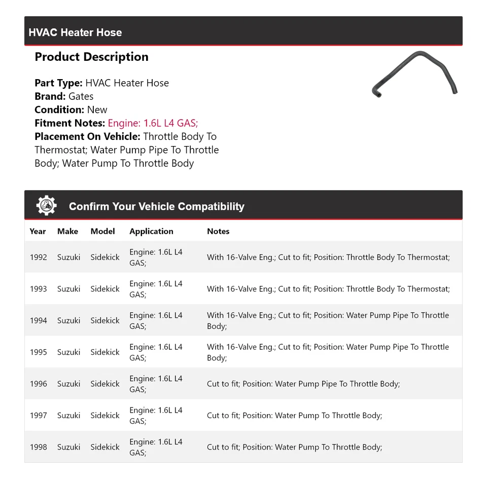 Para Suzuki Sidekick 1992-1998 1,6 L L4 Gas HVAC Calefacción Manguera Puertas 1993 1994 1995 Foto 2 de 4