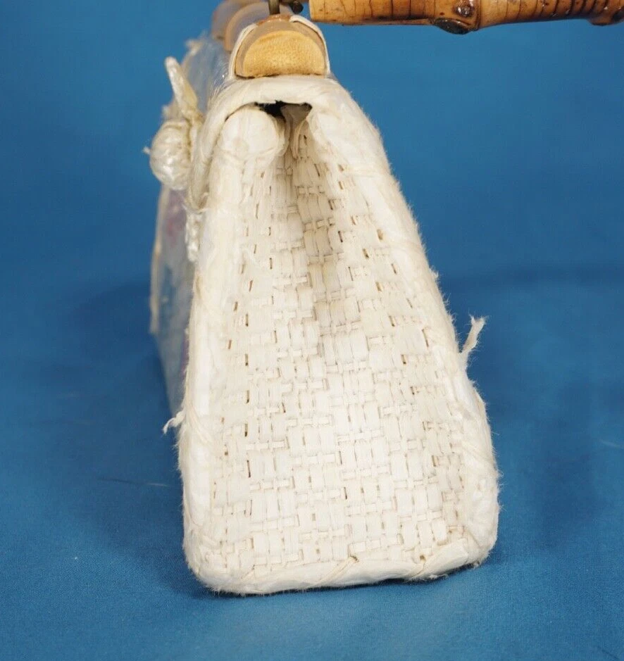 BOLSO MONEDERO NIÑA DE COLECCIÓN Iglesia de Pascua PAJITA CUBIERTA DE PLÁSTICO Mango de Bambú FLORES Foto 3 de 4