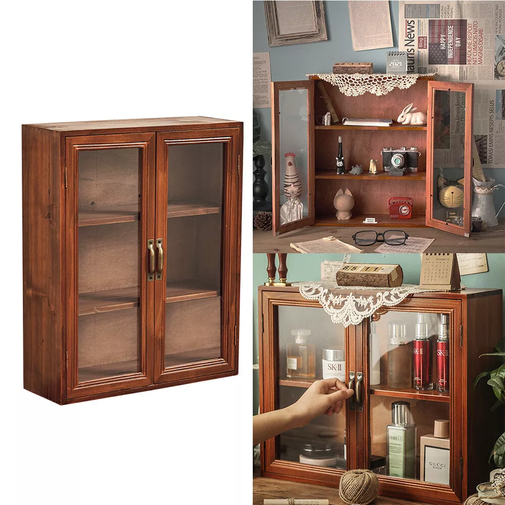 Vintage French Wooden Desk Organiser Wall Cabinet Glass Door Open forOffice Home