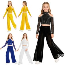 US Girls 2  Piece Jazz Dance Outfit Sequin Crop Top Mesh Overlay Wide Leg Pants