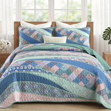 Patchwork Quilts King Size  Reversible Blue Green Boho Floral Quilt Bedding Set,V