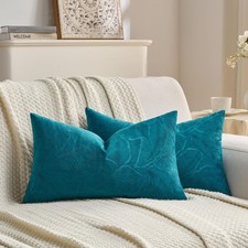 Teal Velvet Throw Pillow Covers 12x20 Inch Set of 2,Soft Embossed Leaf-Relief...