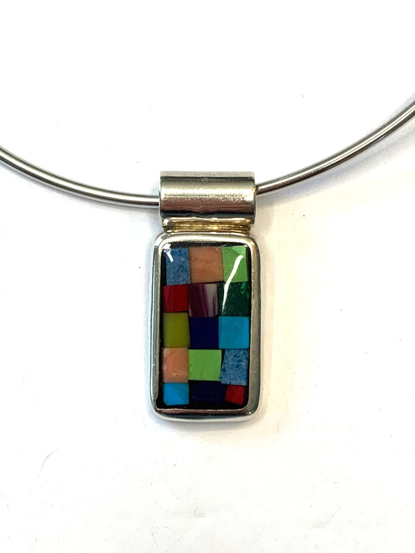925 Sterling ATI Mexico 16" Collar Necklace with Multistone Mosaic Pendant 1.5"