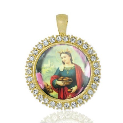 St Elizabeth Of Hungary Christian Round Medal Gold Tone Pendant  Rhinestones
