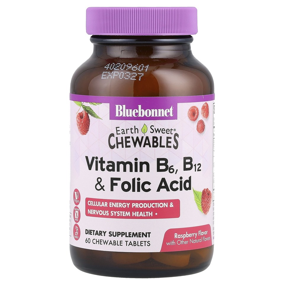 Earth Sweet® Chewables, Vitamin B6, B12 & Folic Acid, Raspberry, 60 Chewable