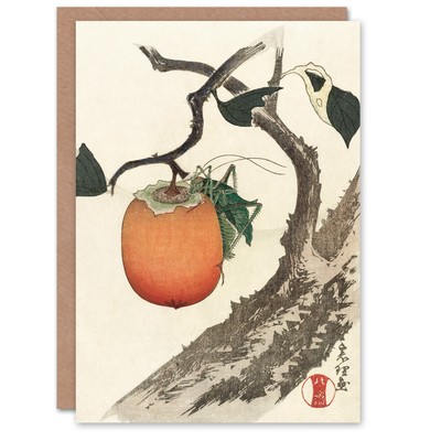 Katsushika Hokusai Japanische Kunstkarte Persimone Frucht mit Heuschrecke