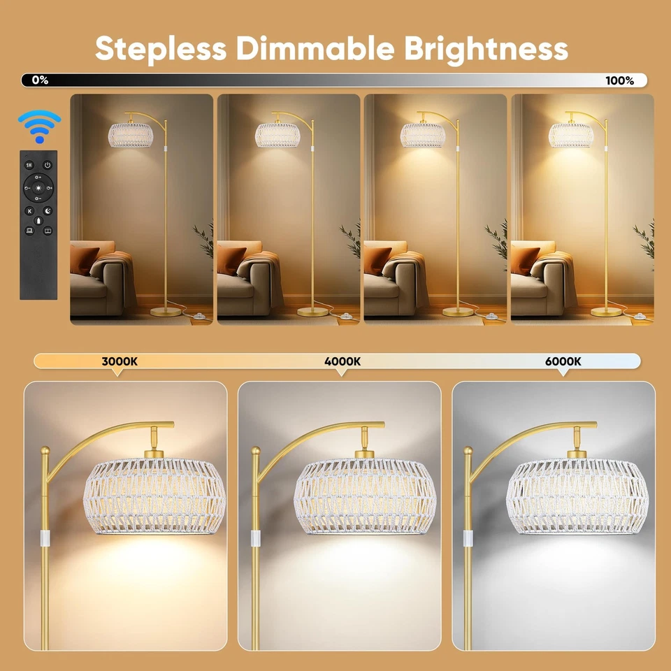 Lámpara de Pie Boho con Bombilla Regulable, Ratán Blanco y Lino Doble Tonos, Boho S... Foto 2 de 4