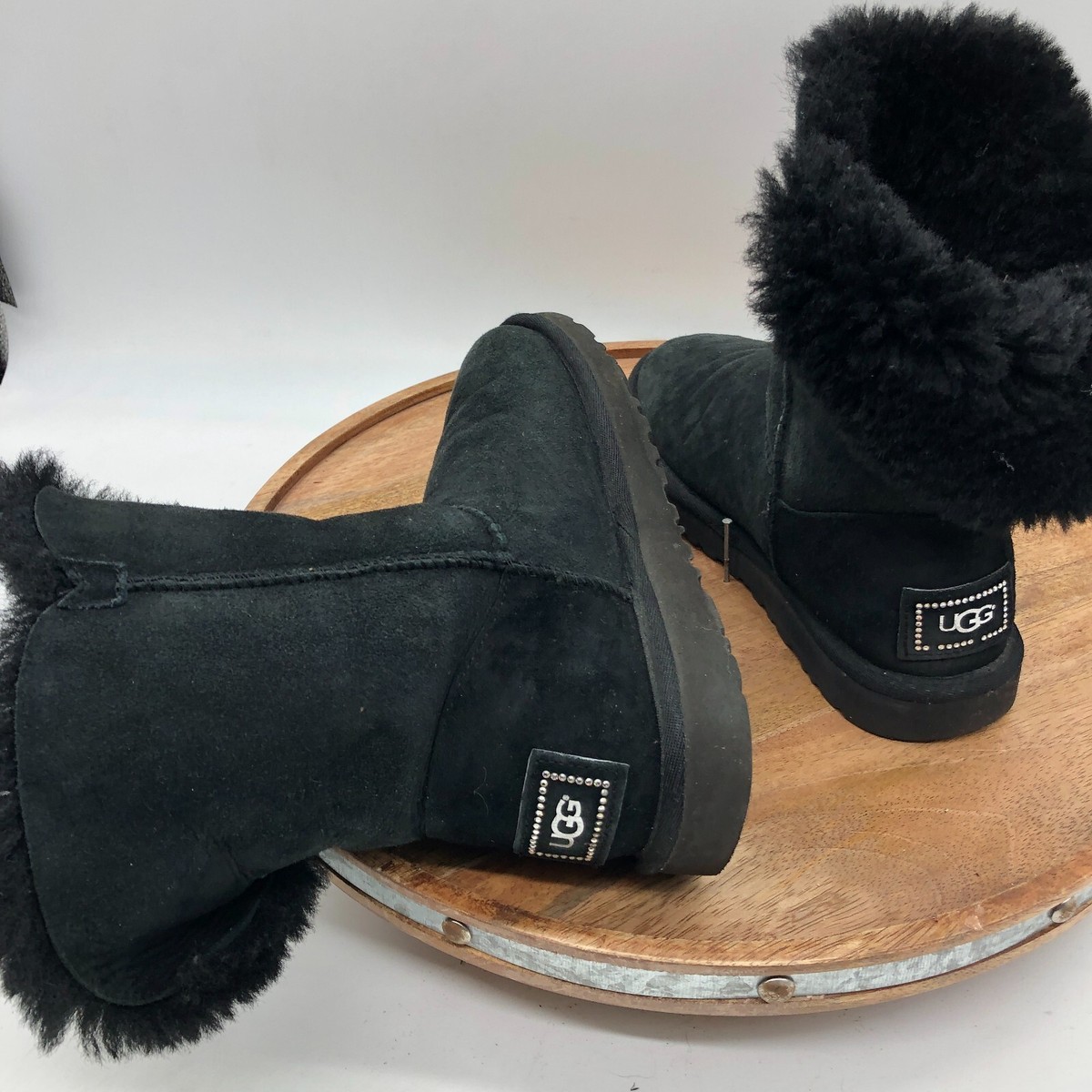 UGG Boots Womens 5 Bailey Button Bling Shearing Black Suede Mid