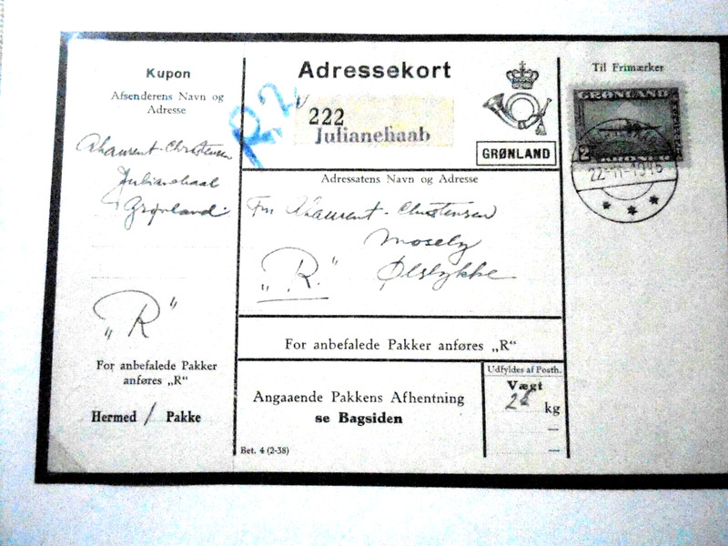 Greenland: 2 kroner American Issue on Adressekort to Denmark in 1945, UNIQUE
