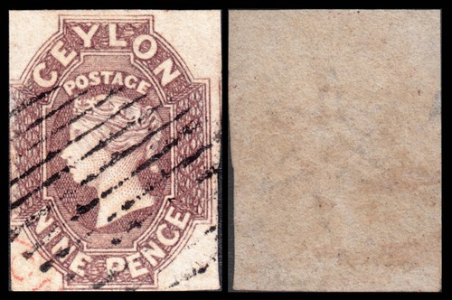 CEYLON 1857 9d PURPLE-BROWN USED, 3 GOOD/LARGE MARGINS, TOUCHING AT LEFT. SG 8