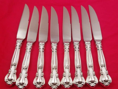 8 Chantilly by Gorham  Sterling Handle Serrated Steak Knives Custom Made