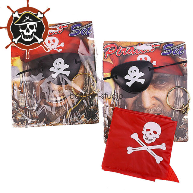 Pirate set of 3 Fancy Dress Skull Eye Patch Hook Earrings Head Scarf Costume Set
