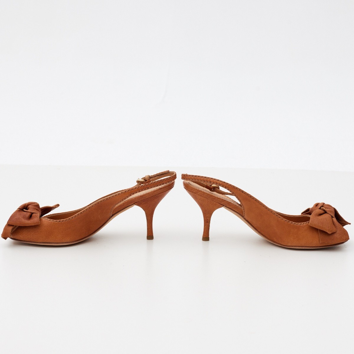 靴 Vintage Miu Miu Gold Bow Slingback Heels Miu Miu Brown Leather Slingback Bow Kitten Open Toe Heels