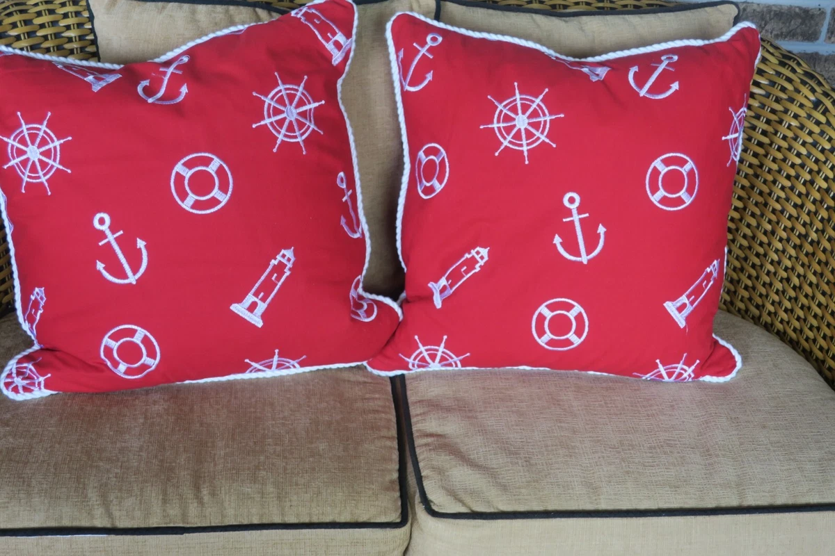 Pair Throw Pillows Nautical Red with White Rope Bouy s Anchor