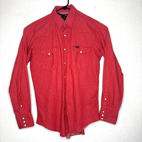 Wrangler Shirt Red LS Solid Western Pearl Snap Brushpopper VTG USA Made 16.5-35 - Picture 1 of 10