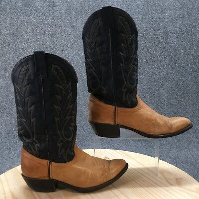 ACME Western Cowboy Boots Mens 8.5 EW Black Leather Mid Calf Pull On Block Heels