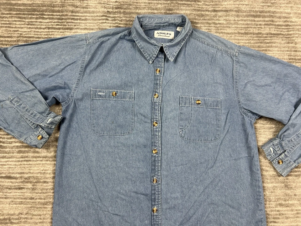 Camisa Adolfo Para Hombre Grande Denim Azul Manga Larga Años 90 Algodón Informal Foto 2 de 4