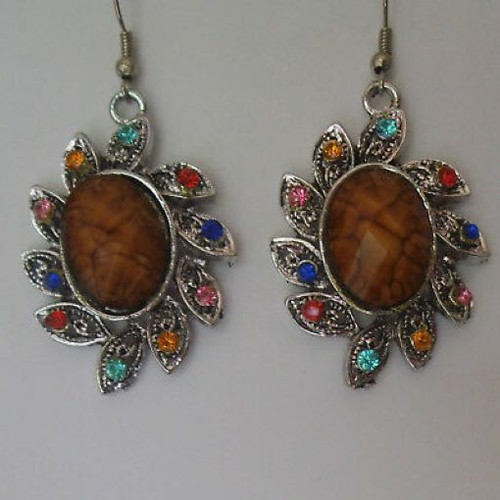 Pretty Faceted Brown Oval & Colourful Crystals Silver Tone Hook Earrings: UK - Picture 7 of 7