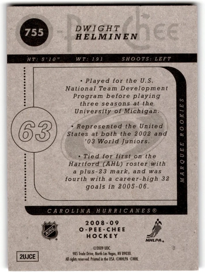 2008-09 O-Pee-Chee Dwight Helminen Rookie #755 Carolina Hurricanes - Image 2 of 2