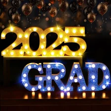 2025 Grad Marquee Light Up Letters Lights, Wooden Glitter LED Graduation Numb...