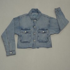 Boutique Cropped Jean Jacket Light Blue Wash Long Sleeve Pockets Women's Size S