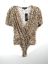 NWT LULU'S Bodysuit Women Large Beige Animal Cheetah Print Puff Sleeve Stretch