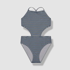 Splendid Kids Girl's Blue Seersucker Striped Cutout One-Piece Swimsuit Size 16