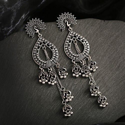 Chic Vintage Jhumki Peacock Carved Tassel Ethnic Gypsy Women Stud Dangle Earring - Picture 1 of 12