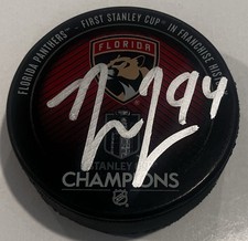 RYAN LOMBERG SIGNED FLORIDA PANTHERS 2024 STANLEY CUP HOCKEY PUCK W/ CASE COA