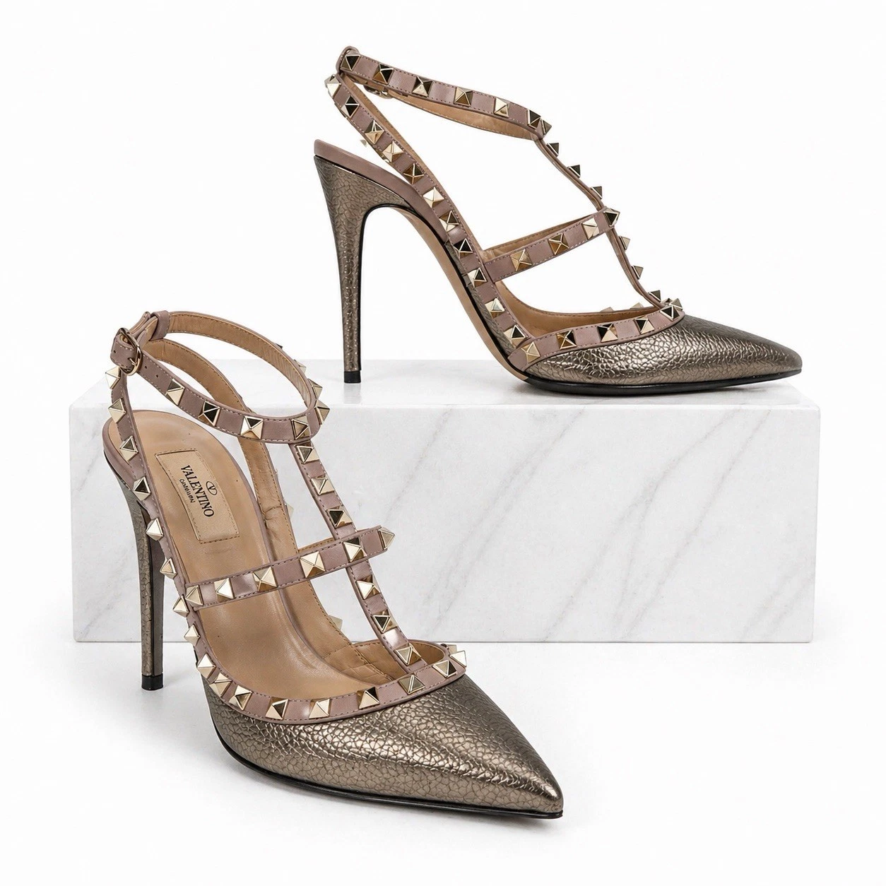 Valentino — Valentino Garavani Rockstud 100mm Leather Caged Pump Bronze Pink Women Size 39.5