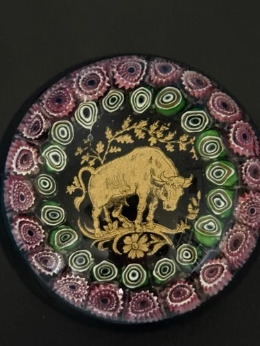 Vintage Millefiori Glass 3.5” Diameter Paperweight Zodiac Taurus Murano Style