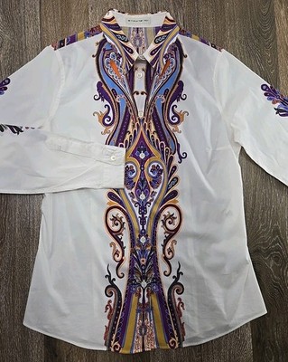 ETRO Made in Italy Cotton Button Up Shirt White Colorful Paisley Womens 42 US 6