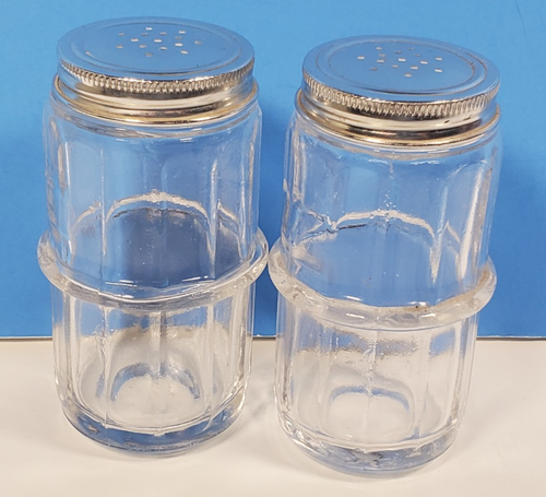 2 Vintage Hoosier Cabinet Spice Jars Vintage Ribbed Glass Metal Lids - Picture 6 of 9