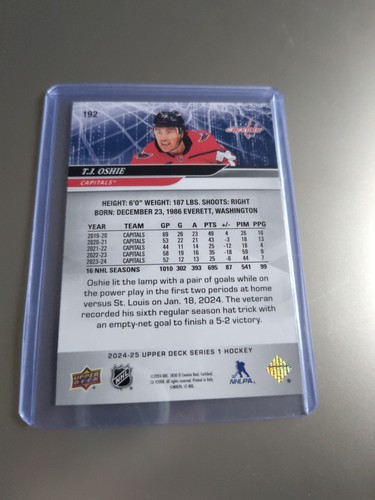 Upper Deck NHL Hockey Series 1 2024-25 T.J. Oshie Washington Capitals No. 192 - Picture 2 of 2
