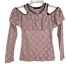 BKE Boutique Cold Shoulder Top M Lace Long Sleeve Ruffle Dusty Rose Boho Fairy