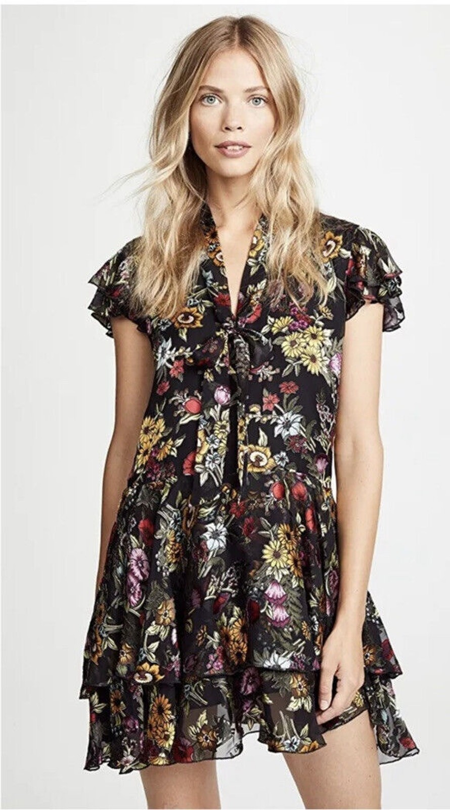 Alice + Olivia Moore Western Floral Tie Neck Layered Dress $440 Size 4