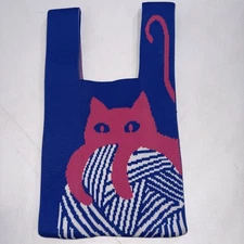Cat Yarn Printed Knit Reusable Shopping Tote Grocery Bag 