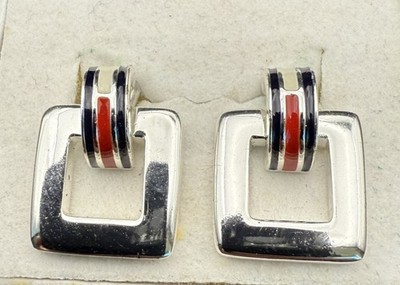 Vintage Silver Enamel Tommy Hilfiger Square Dangle Earrings Red White Blue Pt