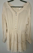 Mustard Seed Ruched Waist Tiered Long Sleeve Boho Mini Dress | Light Tan | MED