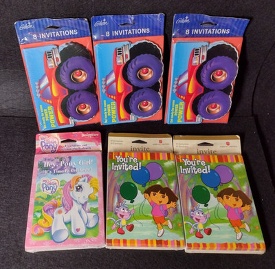 Assorted Kids Party Invitations My Little Pony Monster Truck & Dora Vtg Lot of 6