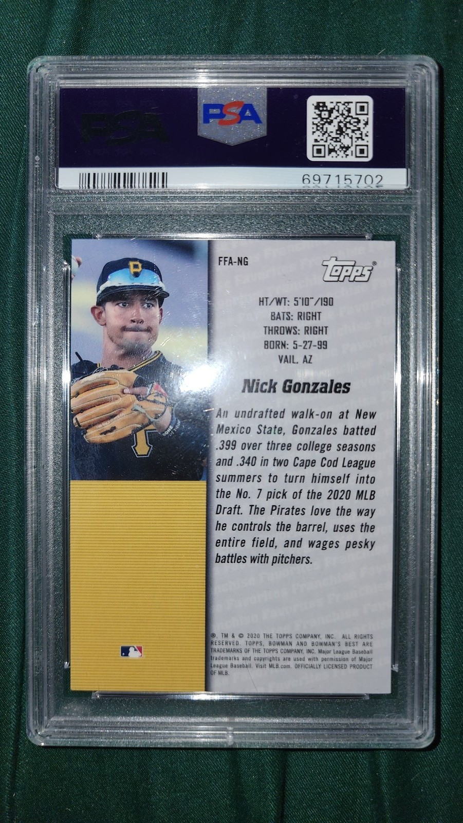 2020 Bowman's Best Nick Gonzales Gold Refractor PSA Graded 9 Numbered 22/50 view 2