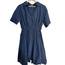 A Loves A Navy Blue Cotton V-Neck Collared A-Line Dress Pockets Size M/L