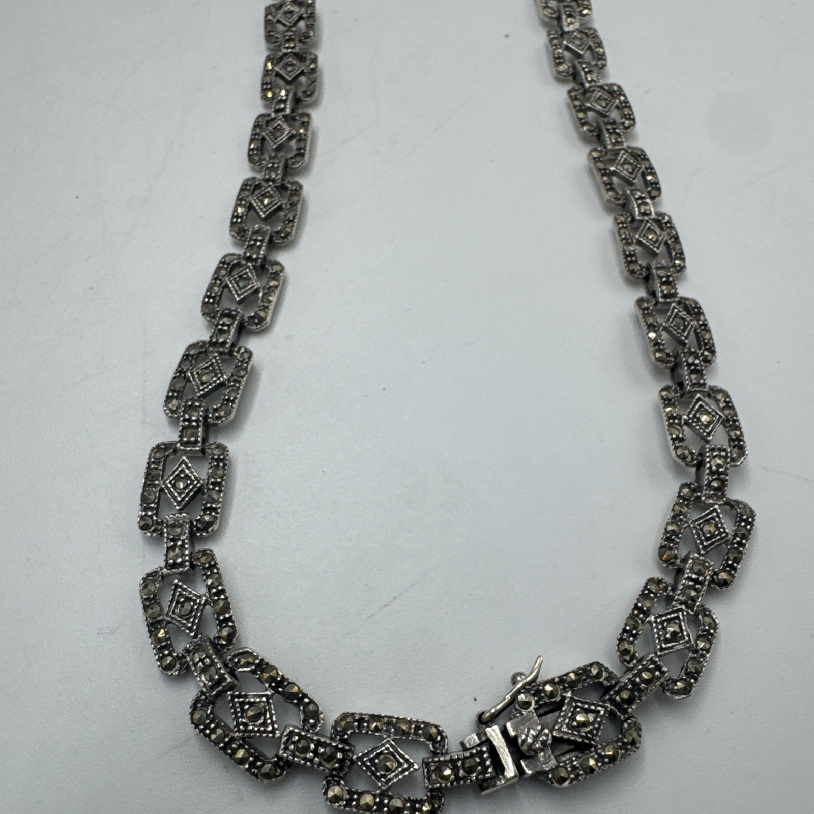 Fine Solid Silver Art Deco square link Marcasite … - image 1