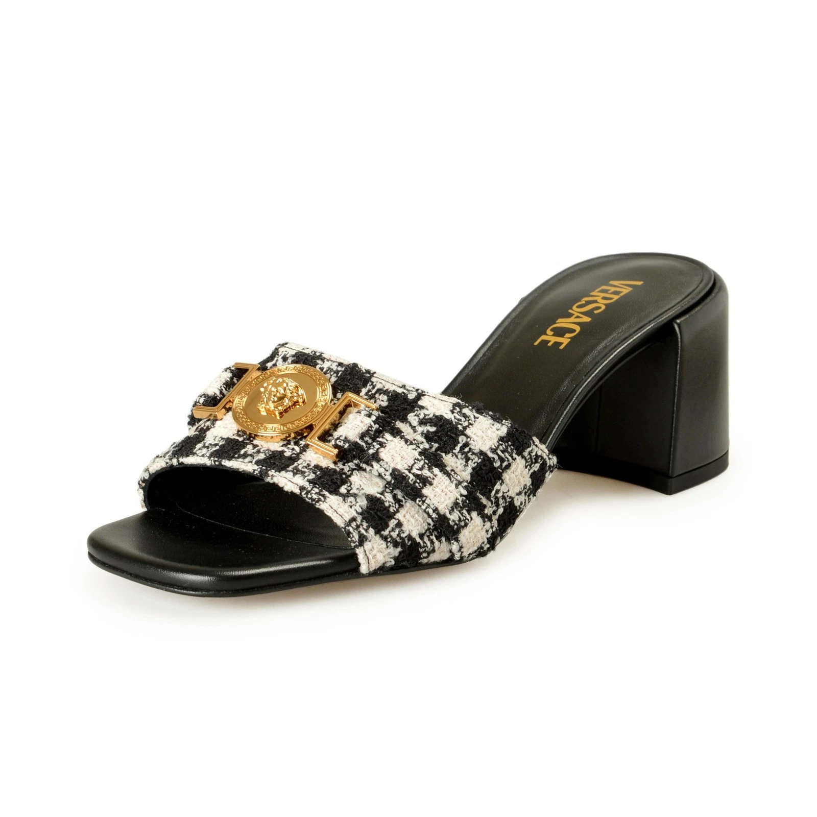 Versace — Versace Women's   Check Gold Medusa Heeled Sandals Mules Shoes US 9 IT 39