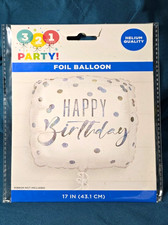 321 Party Happy Birthday Square Foil Balloon 17 in White/Silver Confetti