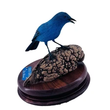 Hand Carved Indigo Bunting by Herb Johnson Wooden Bird Signed Base Vintage